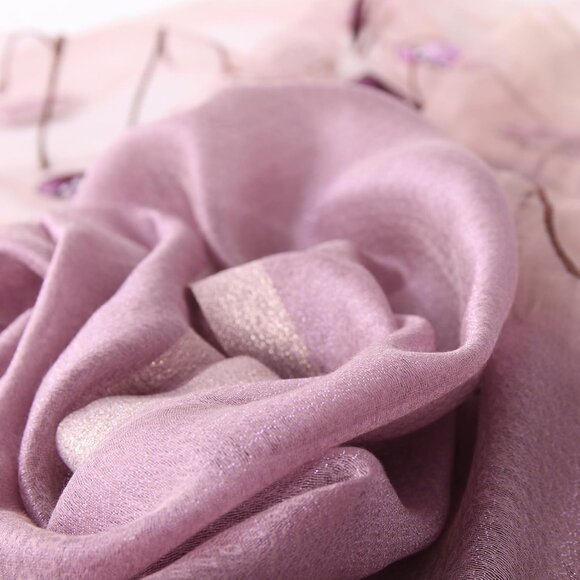 Purple Silk Cotton Scarf 70x28in Floral Embroidered Women's Shawl Wraps - Picture 3 of 4